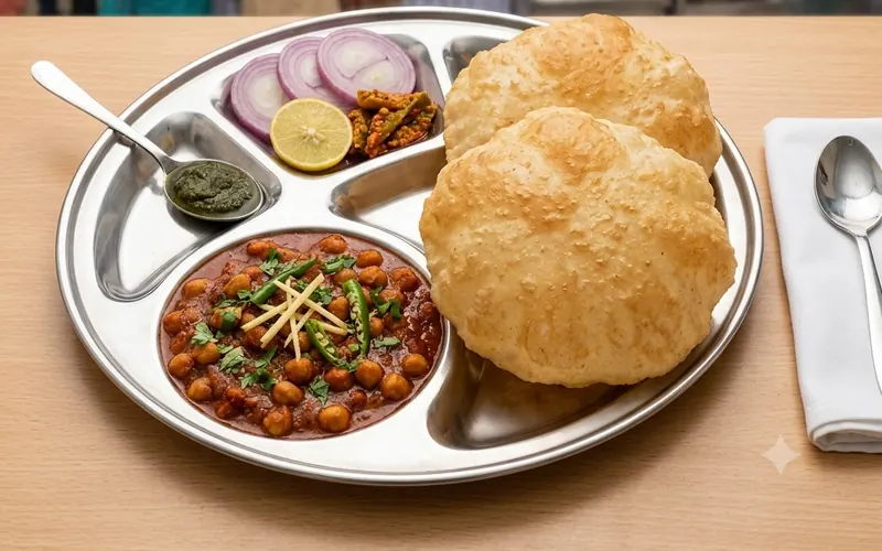 Plate of choley bhature with salad and chutney